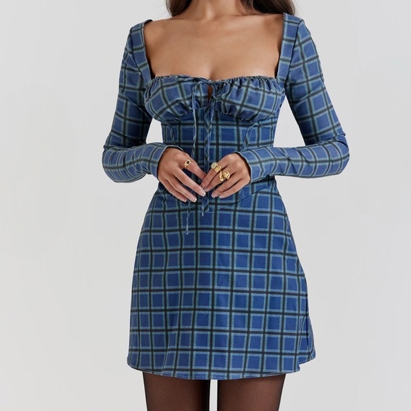 House of CB Dresses & Skirts - MALIKA BLUE TARTAN CORSET MINI DRESS